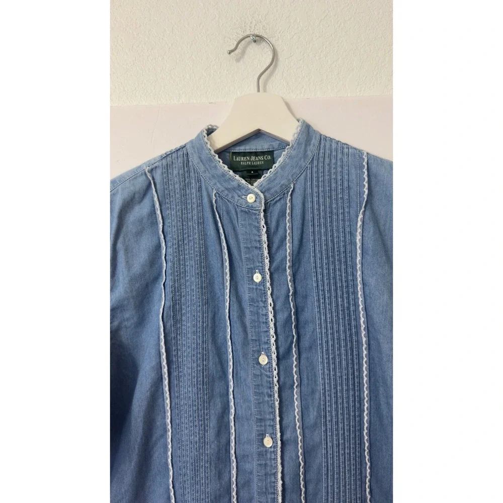 Lauren Ralph Lauren Denim Button Down Womens 4 Blue Pintuck Lace Trim Western